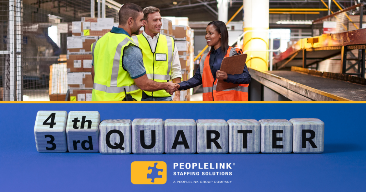 shows warehouse workers with dice style letters below rolling from 3rd to 4th quarter